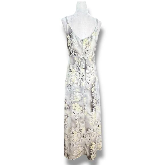 Vintage 90s Dark Floral Slip Dress Tie Back Bow Detail Gray Yellow Maxi Romantic - Picture 7 of 10